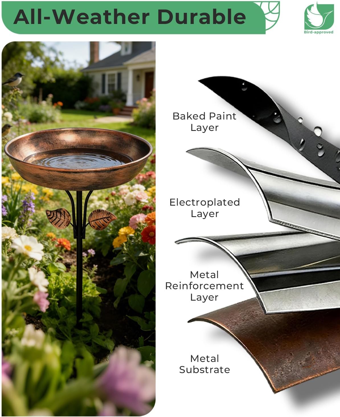 12" Bird Bath for Outside with Stake, Metal Garden Birdbath