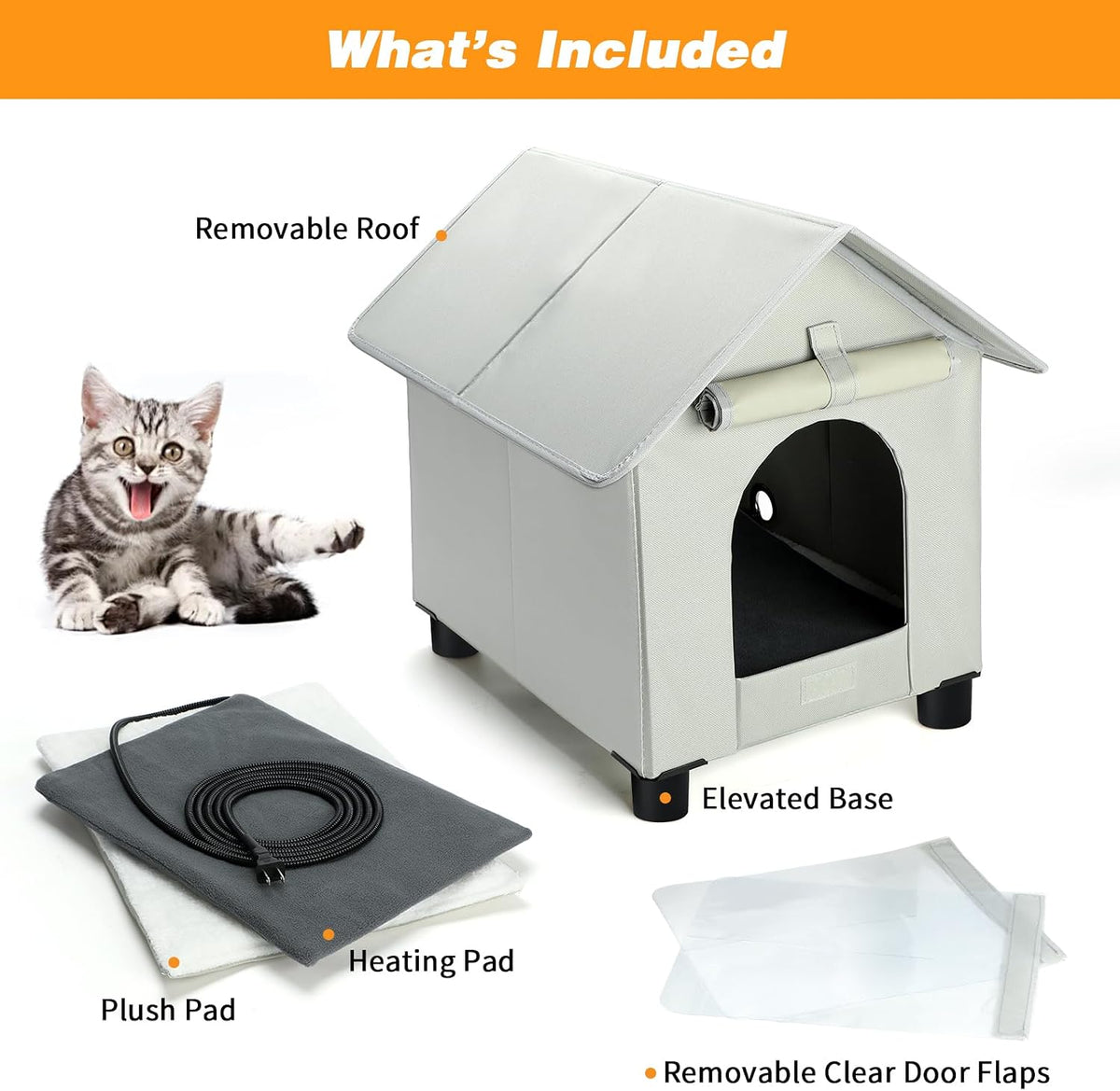 Heated Cat Houses in Winter Waterproof, Elevated Heated Outdoor Cat House Insulated Outside Feral Cat House Shelter with Escape Door for Cats or Small Dogs (Grey, Small (13.4"x16.9"x18.5"))