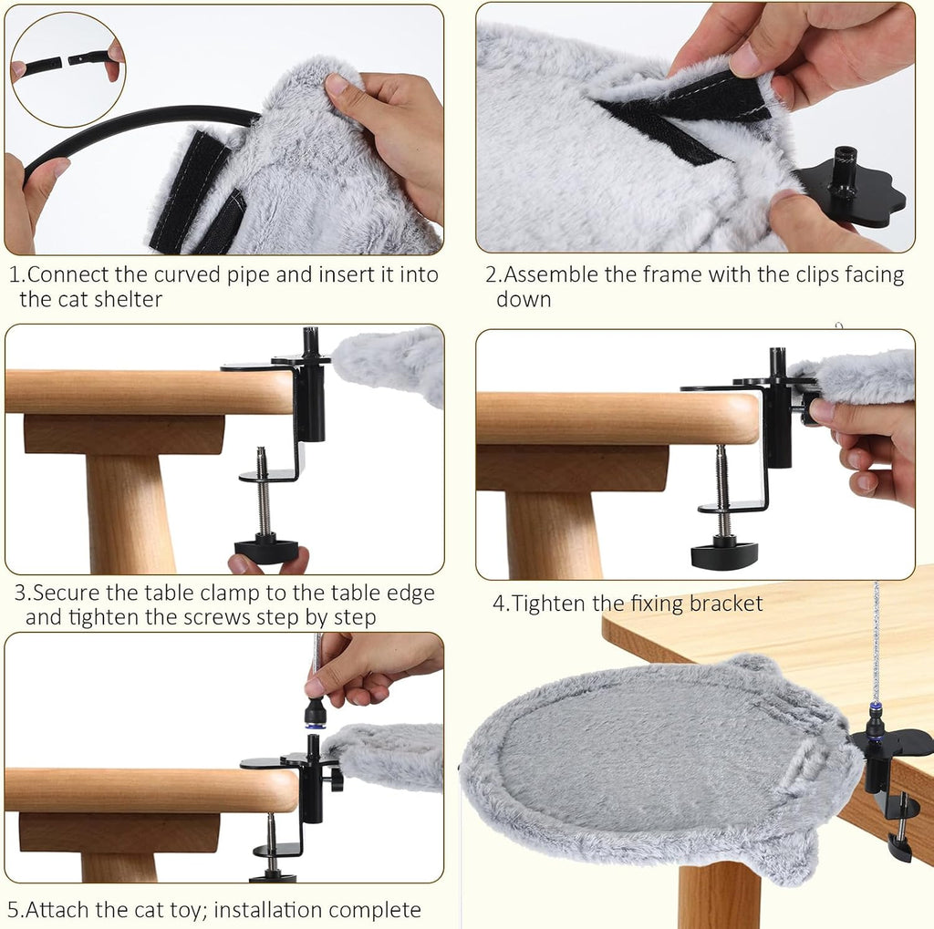 Plush Round Desk Mounted Cat Bed with Interactive Toys & Detachable Teaser Wand – Clamp-On Adjustable Cat Hammock for Desk, Space-Saving Elevated Cat Perch Holds up to 25 lbs