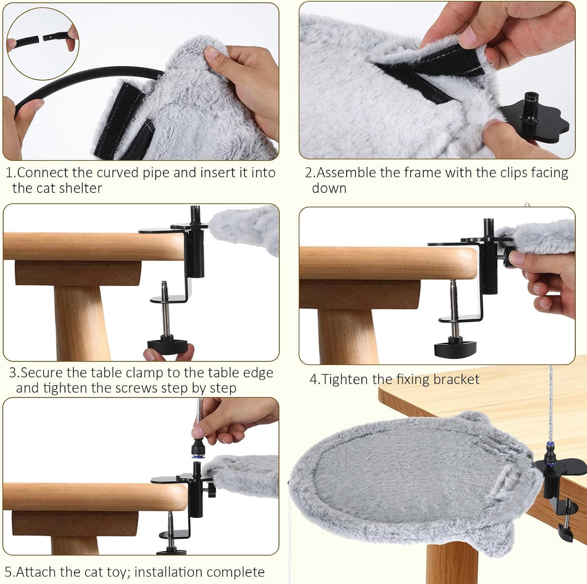 Plush Round Desk Mounted Cat Bed with Interactive Toys & Detachable Teaser Wand – Clamp-On Adjustable Cat Hammock for Desk, Space-Saving Elevated Cat Perch Holds up to 25 lbs