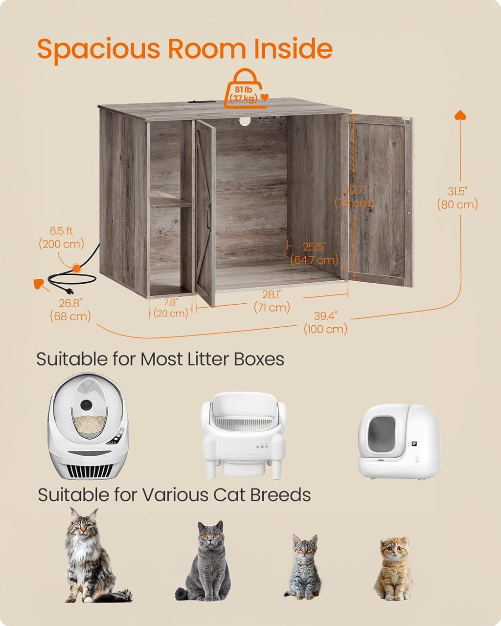 Feandrea Cat Litter Box Enclosure, Hidden Cat Washroom with Power Outlet
