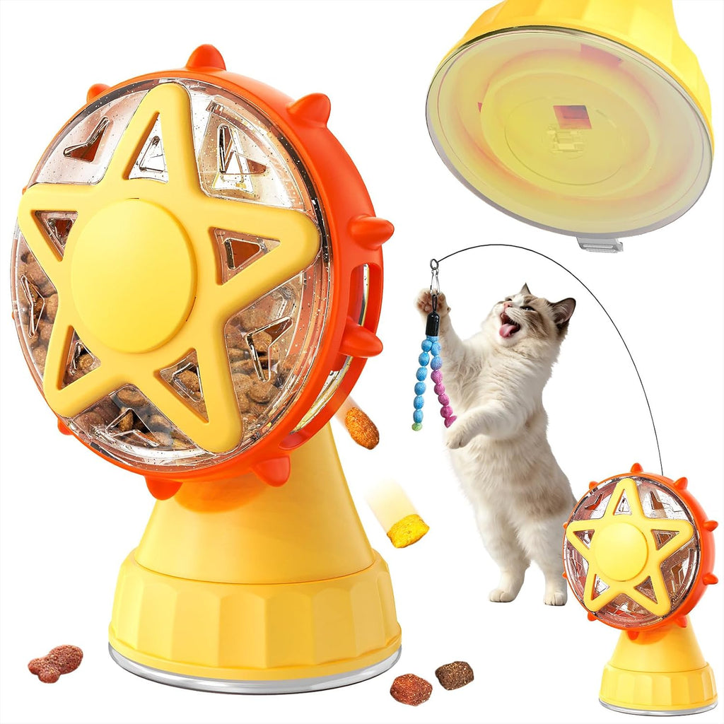 Interactive Cat Treat Dispenser, 2-in-1 Slow Feeder & Wand, Yellow