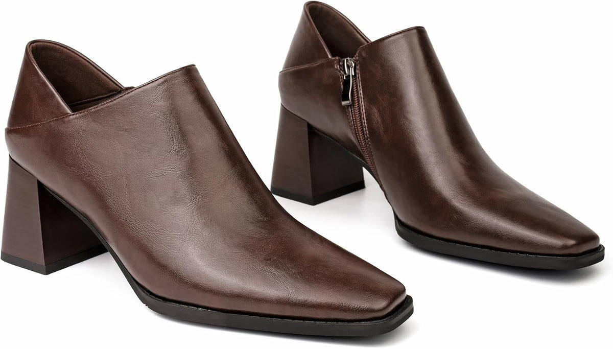 Women's Dress Shoes Chunky Heel Loafers, Faux Leather Zipper Pumps