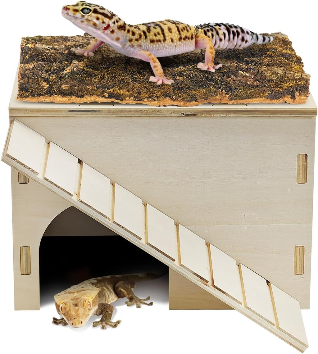 Bearded Dragon Basking Platform,Wood Reptile Hide Cave with Bark(L)