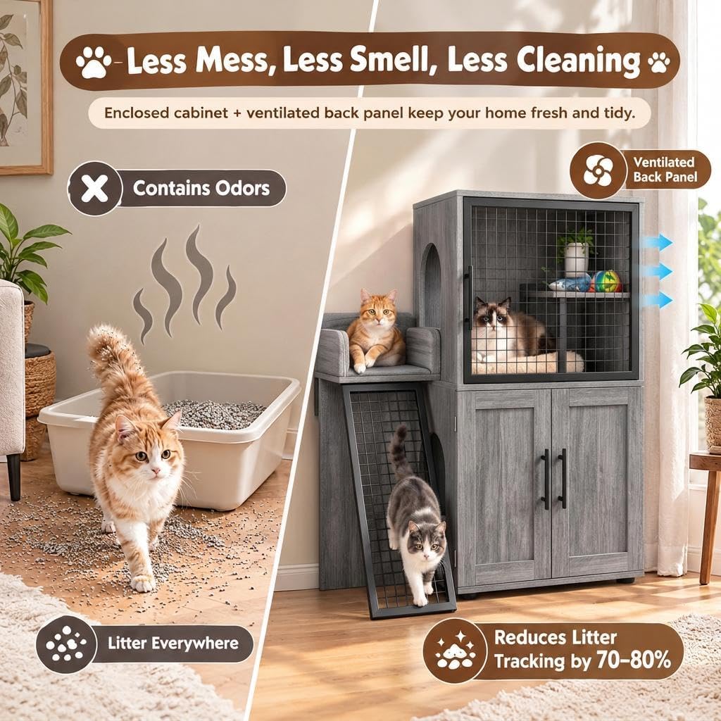 IDEALHOUSE Cat Litter Box Enclosure with Double Layer, Dark Grey