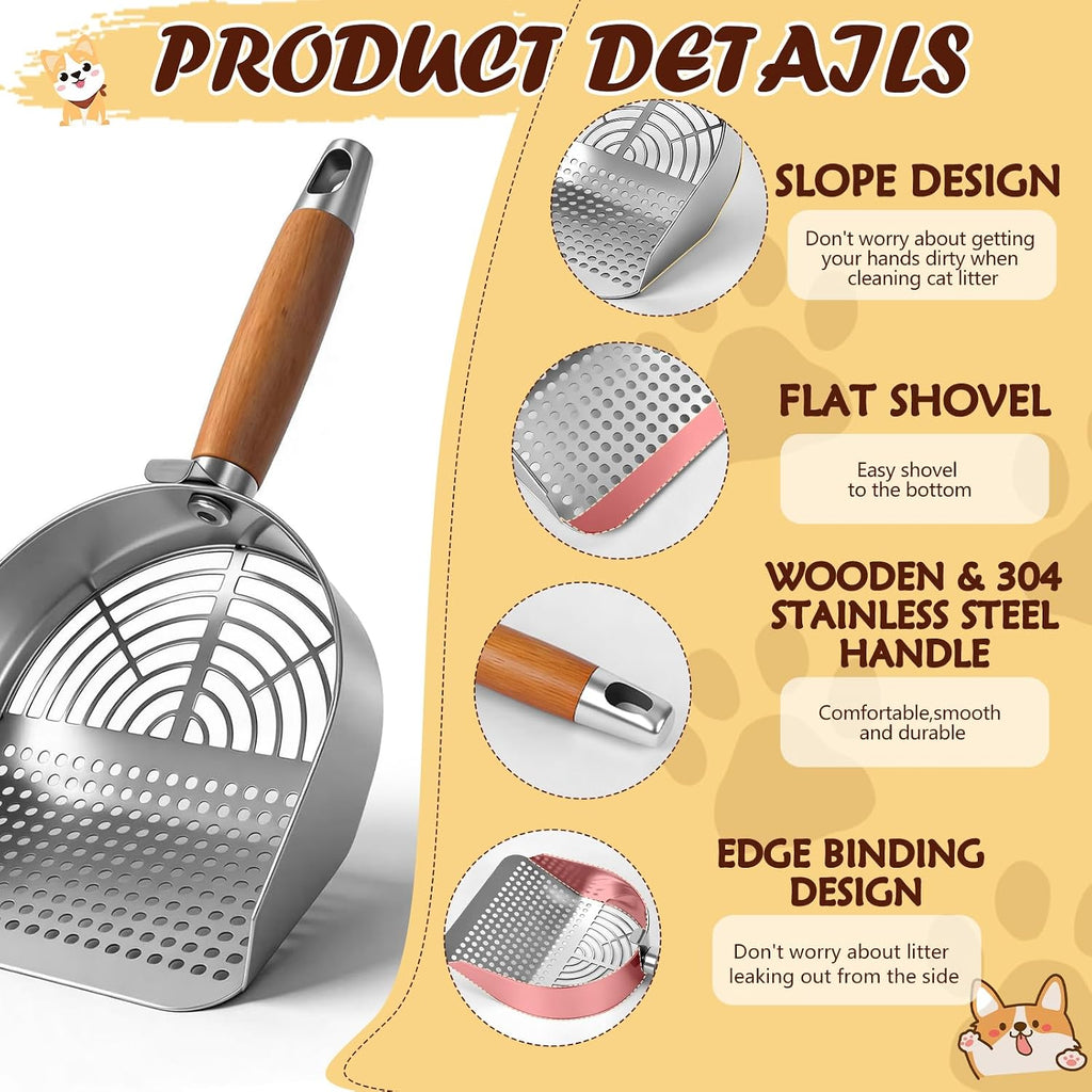Large Cat Litter Scoop 304 Stainless Steel Rust Proof, Sifting Litter Box Scooper with Wood Handle, Curved Design for Easy Cleaning, Dual Sifter Holes cat Litter Shovel