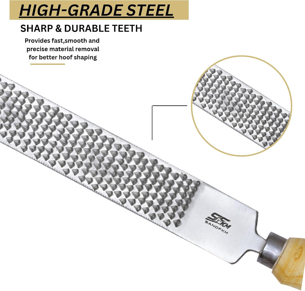 20" Hoof Rasp & Horseshoe File, Dual-Sided Coarse & Fine Farrier Rasp, Carbon Steel Hoof Trimming Tool with Non-Slip Wooden Handle for Horses, Goats, Cows & Livestock