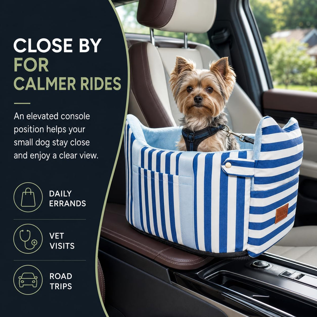 Console Dog Car Seat for Small Dogs to 15lbs (Blue& White Stripes)