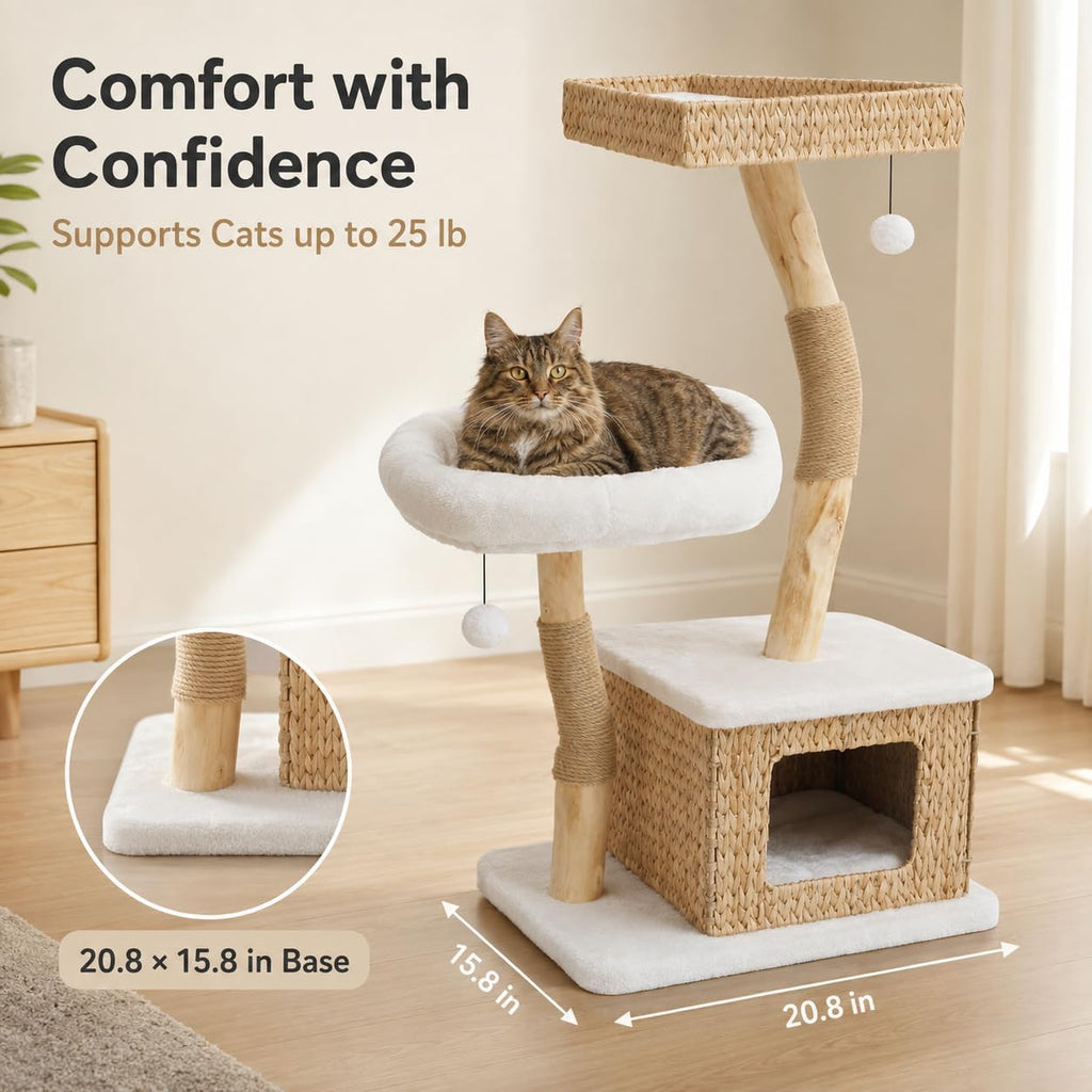 39” Modern Cat Tree Tower for Indoor Cats - Multi-Level Solid Wood Cat Condo w/Caves, 2 Large Perches, Scratching Posts, Hanging Toy for Large Cats Adult - Luxury Boho Pet Furniture