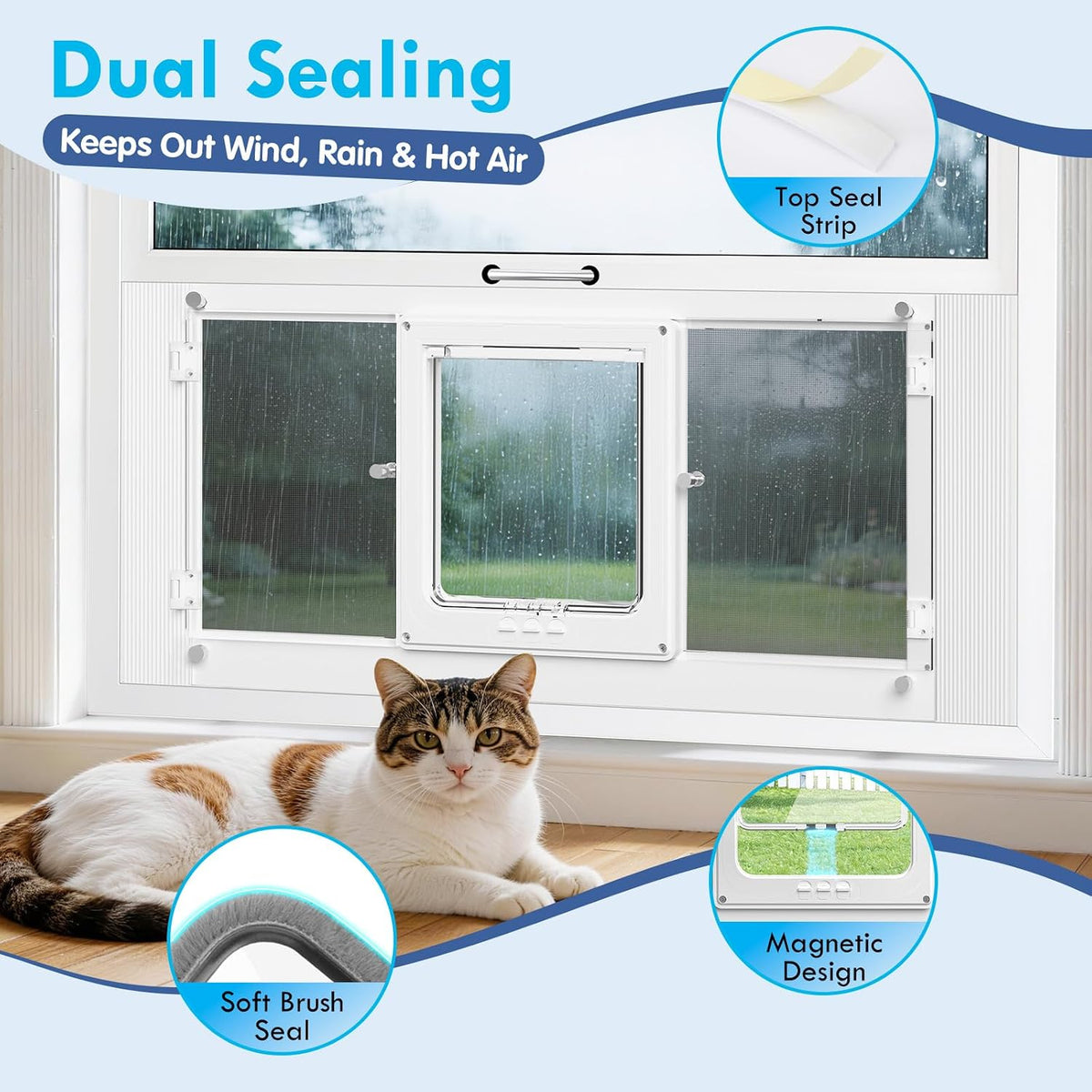 All Season Cat Door for Window with Screen Mesh & Clear Acrylic Panel,36"-40" Adjustable Width,Magnetic Closure Weatherproof Window Pet Door,Aluminum Frame Window Cat Door Insert for Sliding Windows