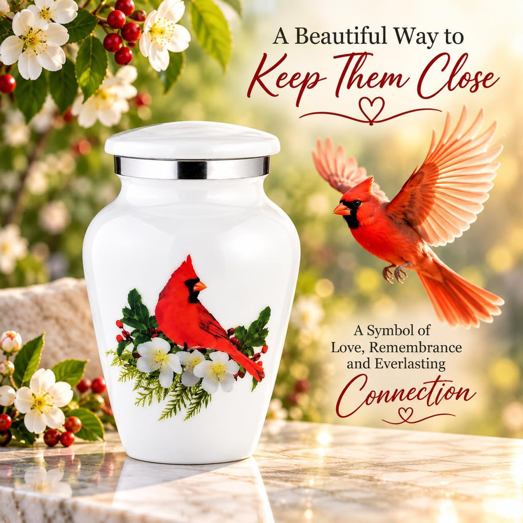 BOLD & DIVINE Small Beautiful Red Cardinal Keepsake Urns |for Human Ashes | Mini Urns Qty 1 with Velvet Bag & Funnel