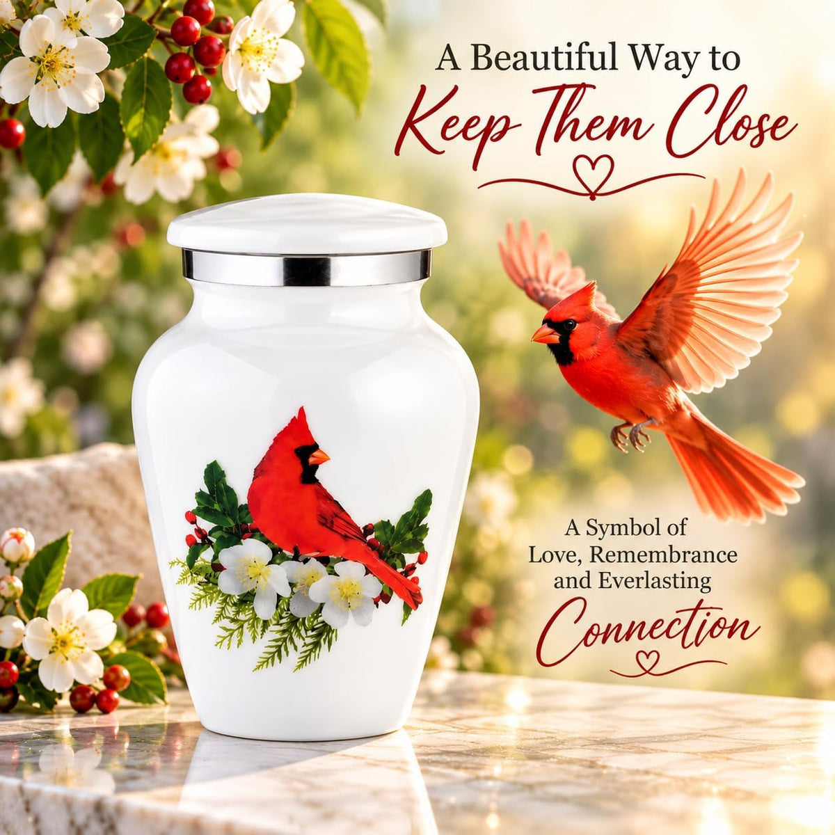 BOLD & DIVINE Small Beautiful Red Cardinal Keepsake Urns |for Human Ashes | Mini Urns Qty 1 with Velvet Bag & Funnel