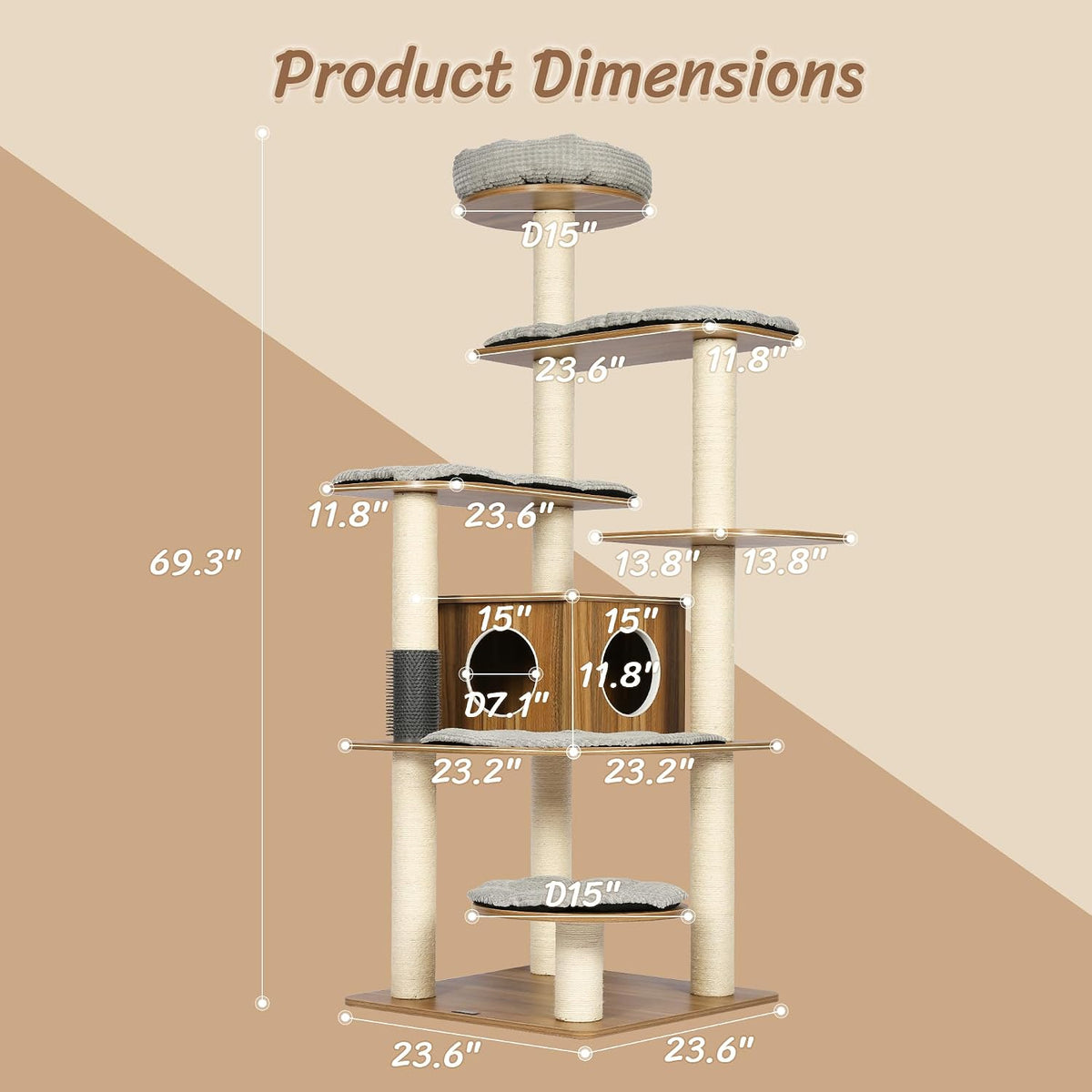 69”H Tall Wood Cat Tree, Large Cat Tower Multi-Level Platforms with Sisal Scratching Posts, Cat Condo for Large Cats 20 lbs Heavy Duty (69” H Wood Brown)