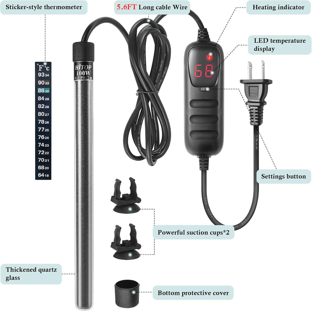 HITOP Compact Submersible Aquarium Heater -100w Digital Heater for Fish Tank Turtle Tank, for Saltwater and Fresh Water with Temperature Controller