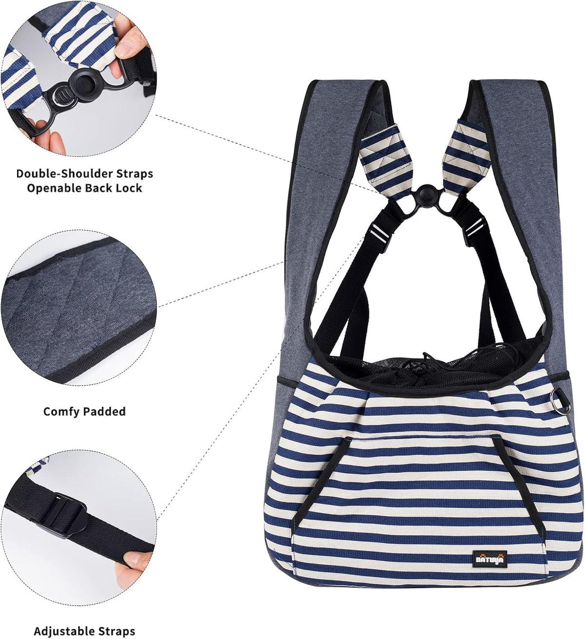 NATUYA Dog Sling Carrier Puppy Carrier, Adjustable Pet Front Sling Carrier Travel Bag with Bottom Pad, Pet Carrier for Small Dog Cat Puppy Traveling Hiking Camping (Bule Strip, 8-15 lb)