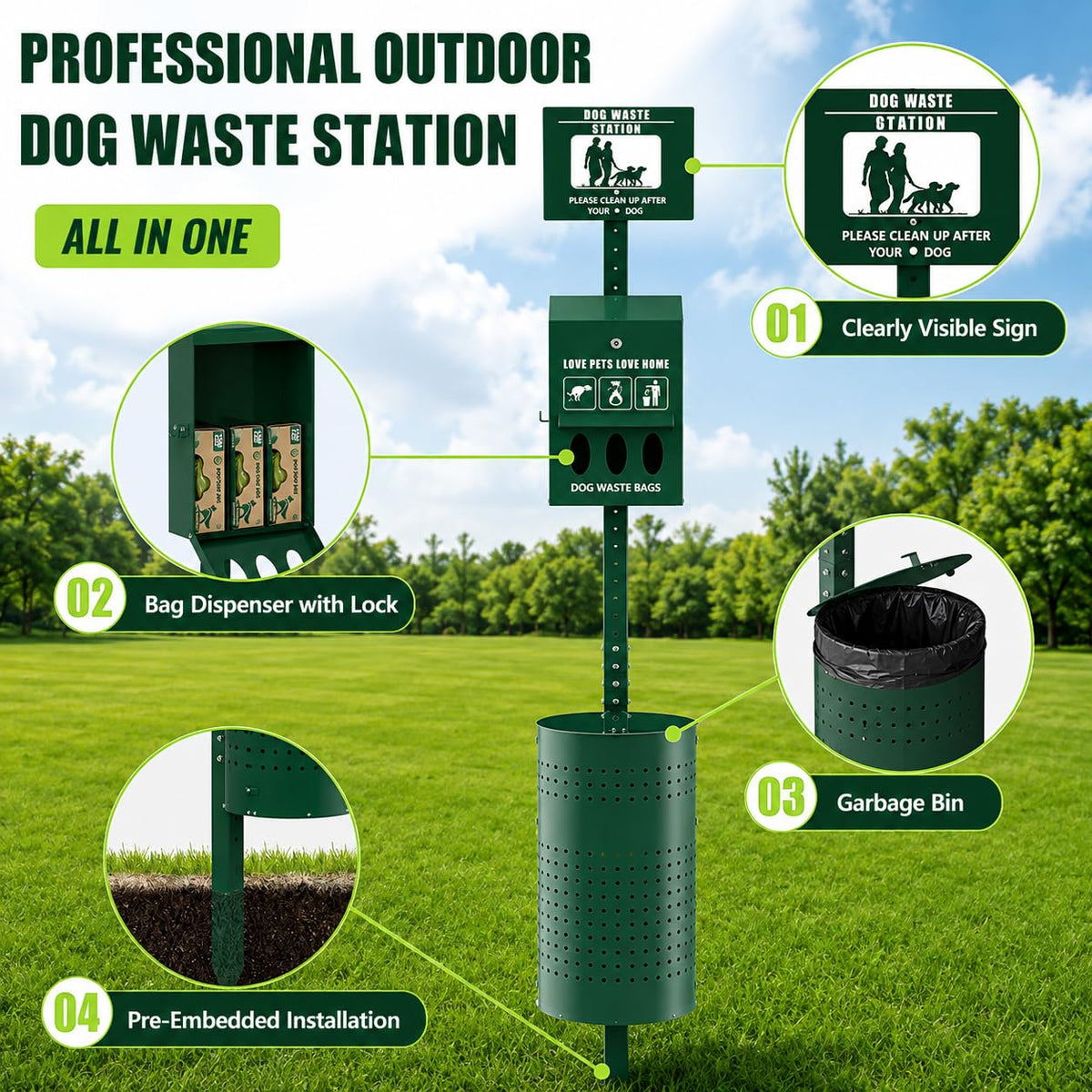 Dog Waste Station, 11.5 Gallon Pet Waste Station with Lockable Bag Dispenser – Heavy Duty Outdoor Dog Poop Station with Poop Bags & Can Liners for Parks, Apartments, Communities & Backyards