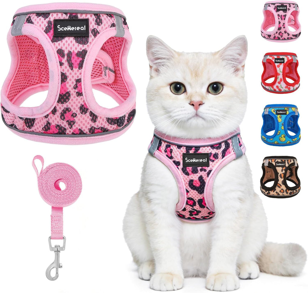 SCENEREAL Cat Harness & Leash Set Escape Proof - Adjustable Air Mesh Vest with Reflective Strips for Kittens, Puppies, Rabbits, Pink Leopard M