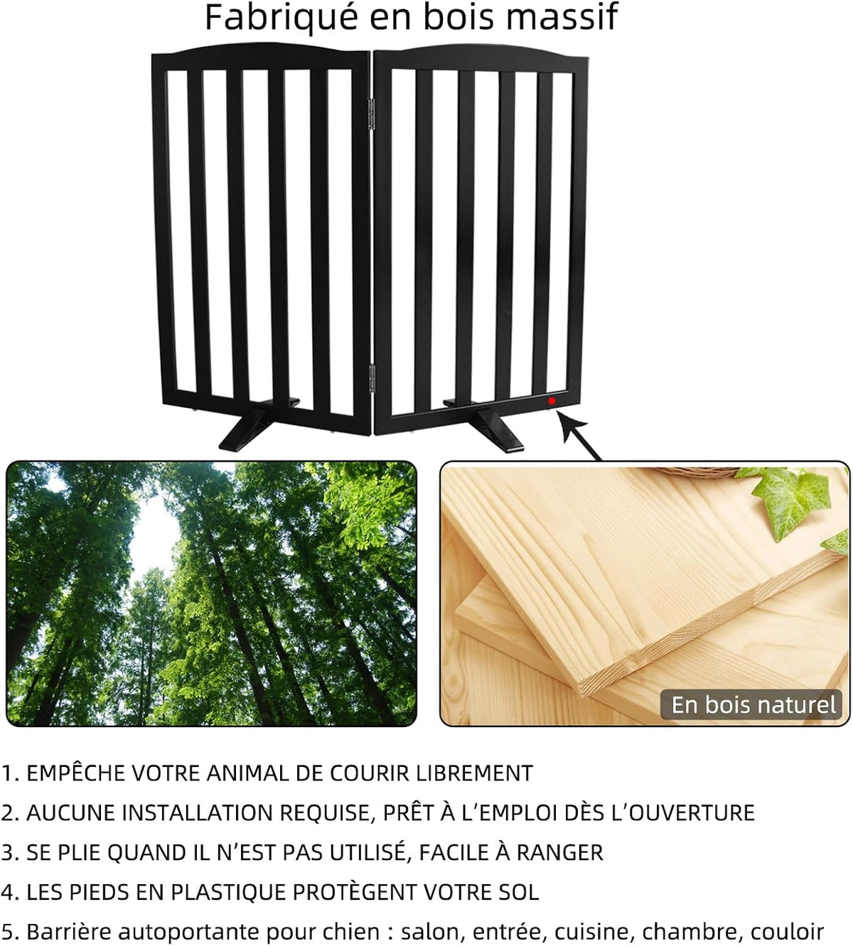 Freestanding Dog Gate Indoor,Doggie Gate Foldable Pet Gates for Doorways,Stairs or Hallways, Wooden Black Pet Gate for the House, Pet Fence with Support Feet Included,32 "Height-2 Panels