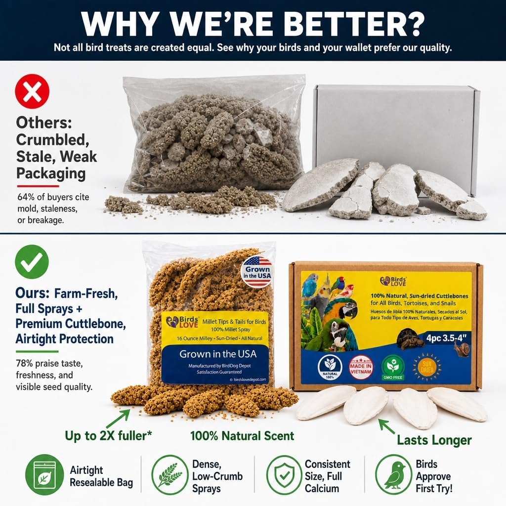 Farm to Feathers™ Bird Millet & Cuttlebone Bundle – USA Grown Millet Sprays for Parakeets, Budgies, Cockatiels, Finches & Canaries – 1 lb Tips & Tails Millet + 4” Cuttlebone (4 Pack)