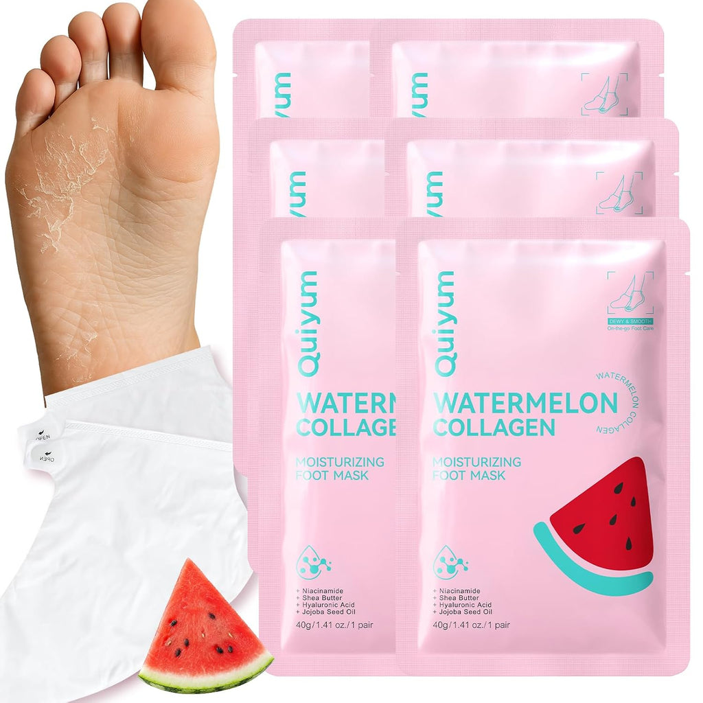 QUIYUM 6 Pairs Watermelon Foot Mask, Moisturizing Booties for Dry Skin