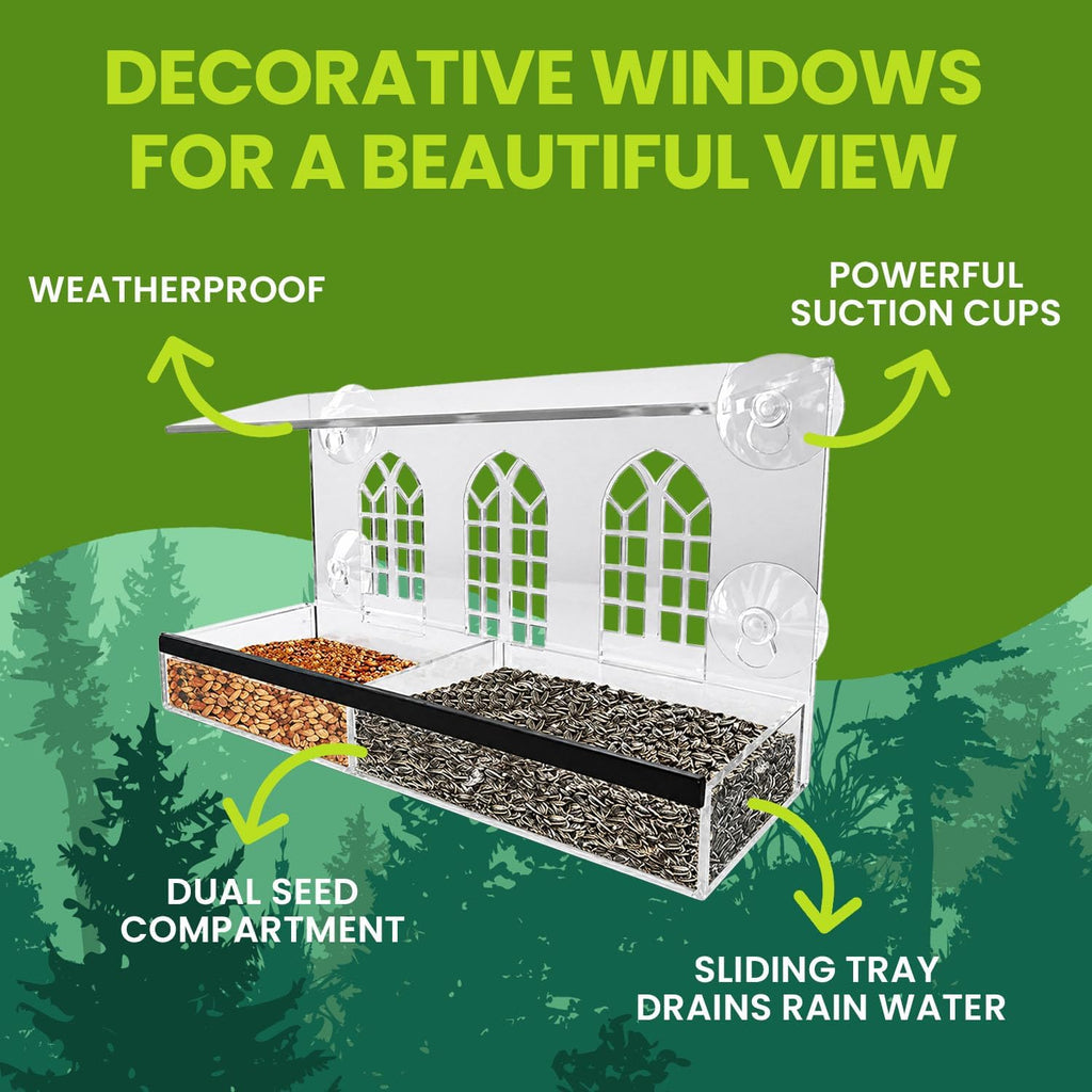 Nature Gear Acrylic Clear Window Bird Feeder with Strong Suction Cups, Removable Sliding Seed Tray, Weather-Resistant & Easy to Clean for Window Viewing, Bird Palace