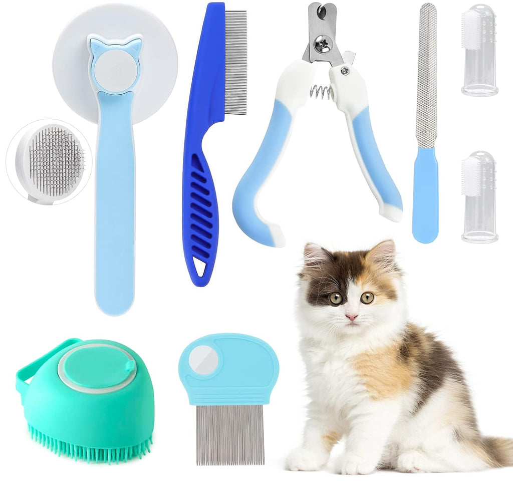 VCZONE 8 Pcs Cat Brush Grooming Kits, Pet Self Cleaning Kit with Pet Nail Clipper and File, Flea Comb, Pet Shampoo Bath Brush, Pet Shedding Brush, Silicone Toothbrush (Pink)