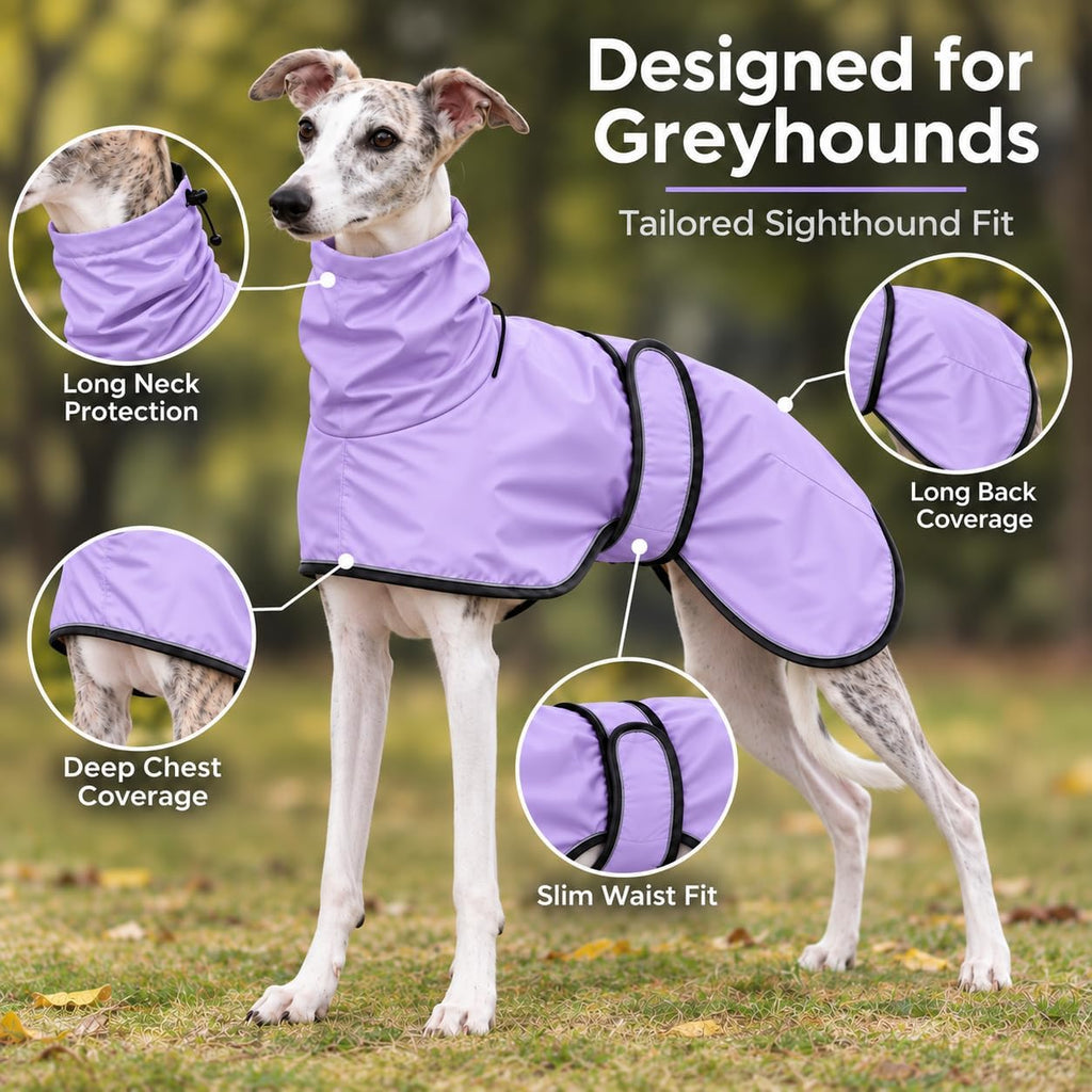 Greyhound Whippet Raincoat Waterproof with Reflective Stripe high Neck fit for Italian Greyhounds Whippets Long Back Breeds - Purple - XL