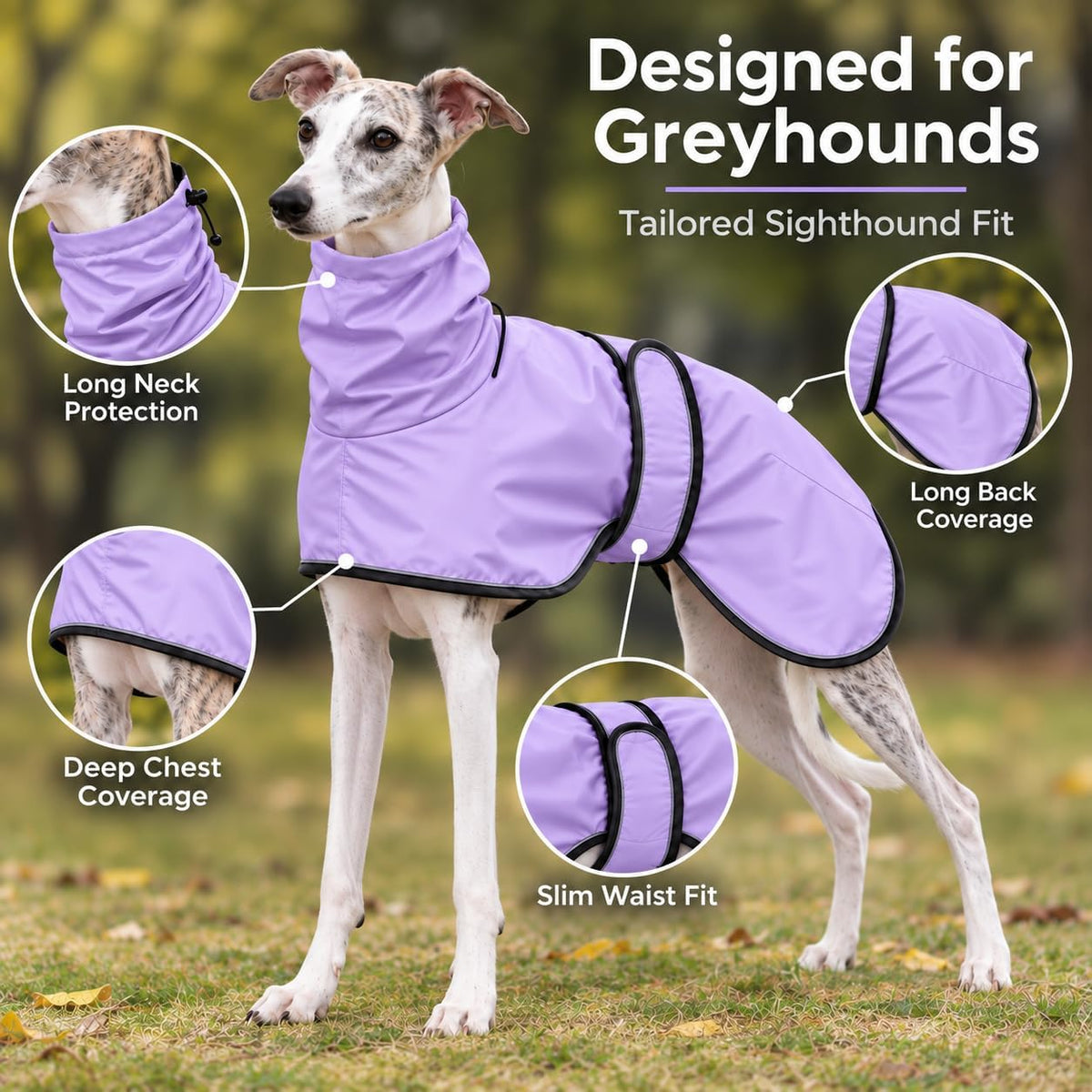 Greyhound Whippet Raincoat Waterproof with Reflective Stripe high Neck fit for Italian Greyhounds Whippets Long Back Breeds - Purple - XL