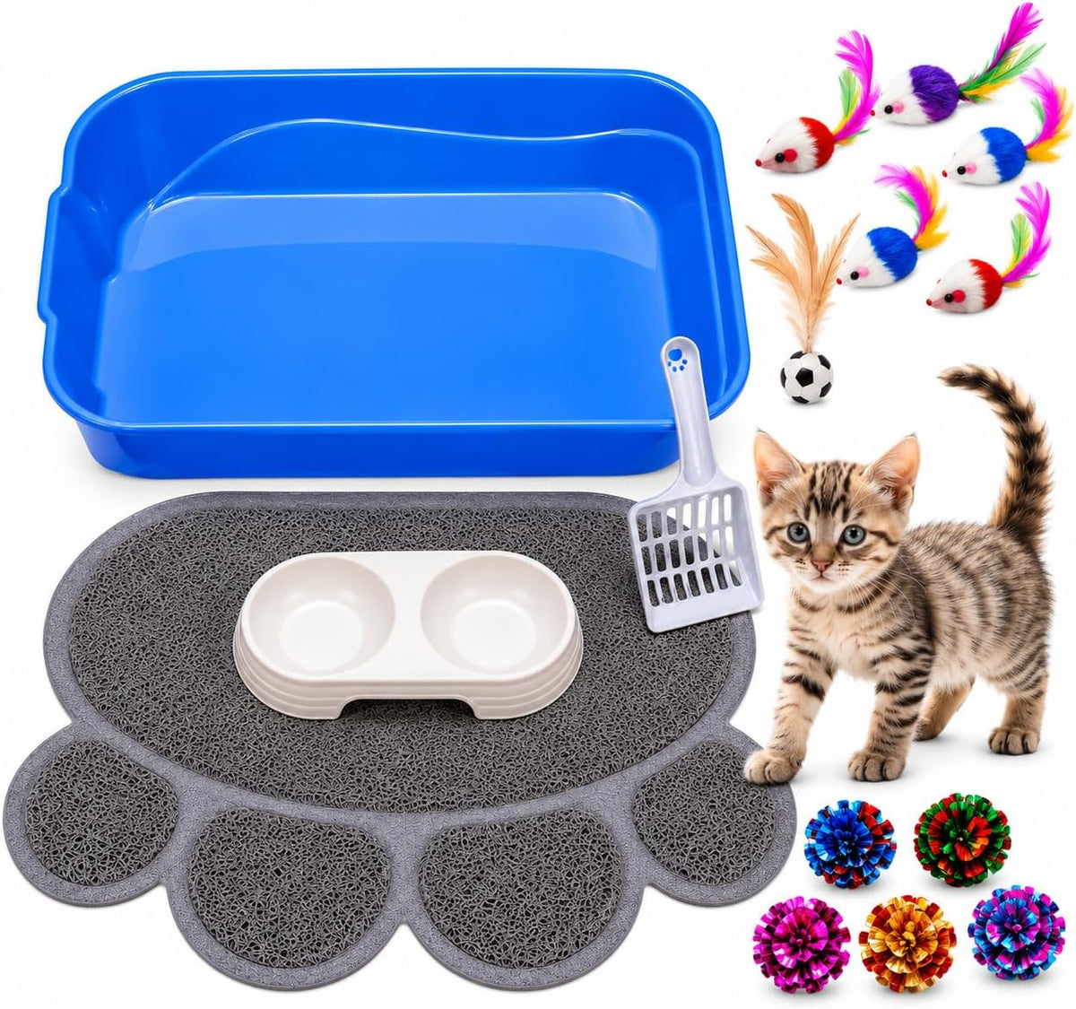 Kitten Litter Box Starter Kit with Mat, All-in-One Starter Kit for Kittens & Small Cats, Anti-Tracking Litter Mat, Easy Clean, Includes Scoop & Toys, Compact Size (GreyScoop)