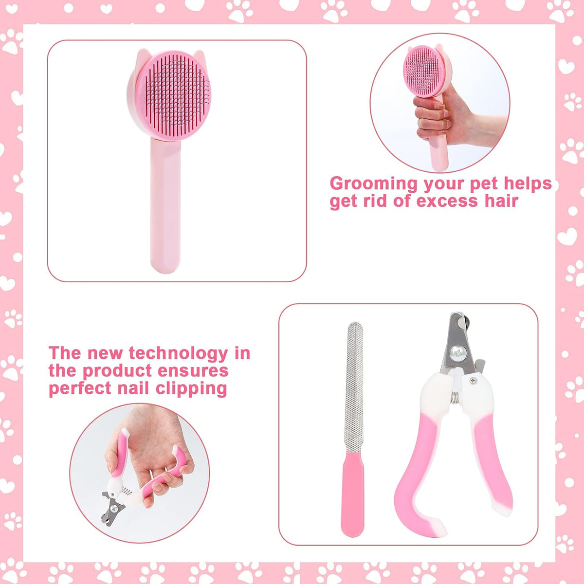 VCZONE 8 Pcs Cat Brush Grooming Kits, Pet Self Cleaning Kit with Pet Nail Clipper and File, Flea Comb, Pet Shampoo Bath Brush, Pet Shedding Brush, Silicone Toothbrush (Pink)