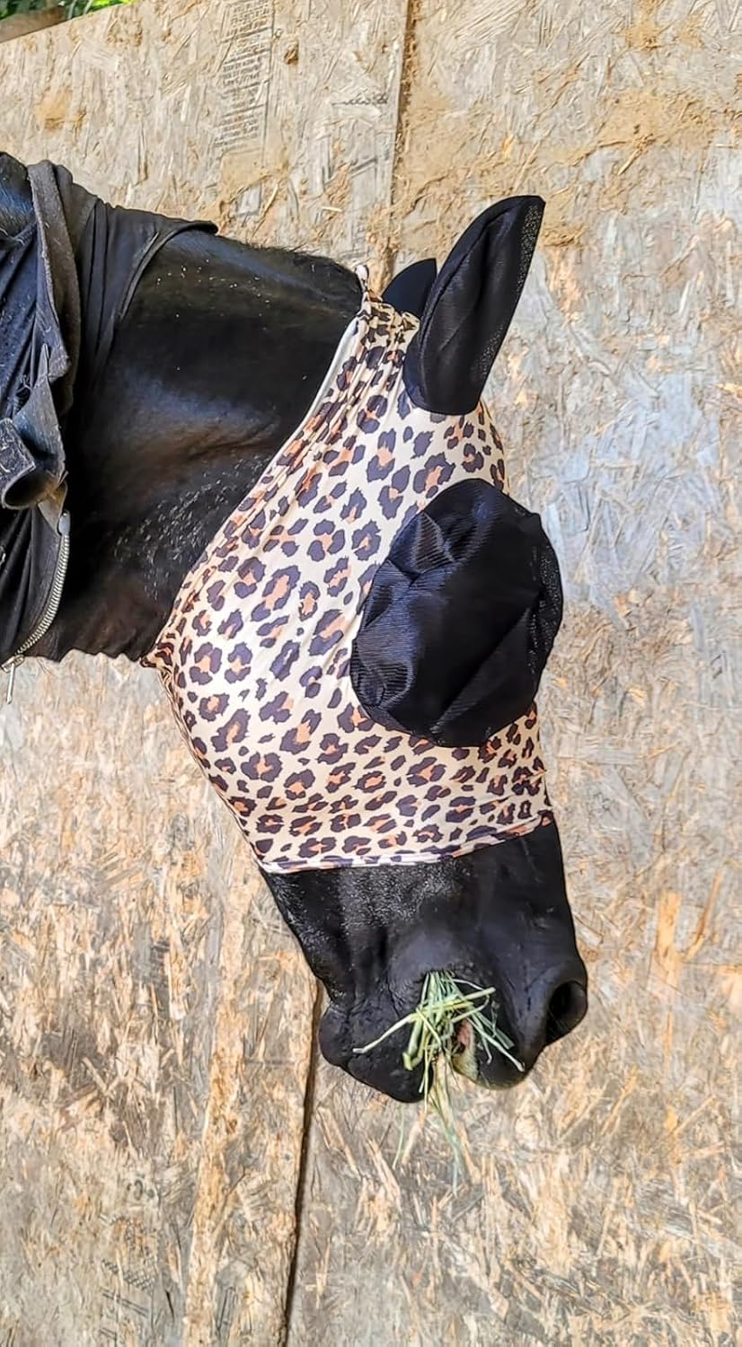 Stretchable UV-Blocking Equine Fly Mask with Moldable Ear Covers, Adjustable Comfort Mesh Straps, Leopard-Pattern Pasture & Trail Protection Perfectly Sized for Full Sized Horses -