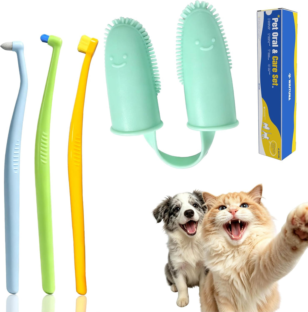 Cat Toothbrush Kit with 3 Compact-Head Brushes and Cat Finger Toothbrush