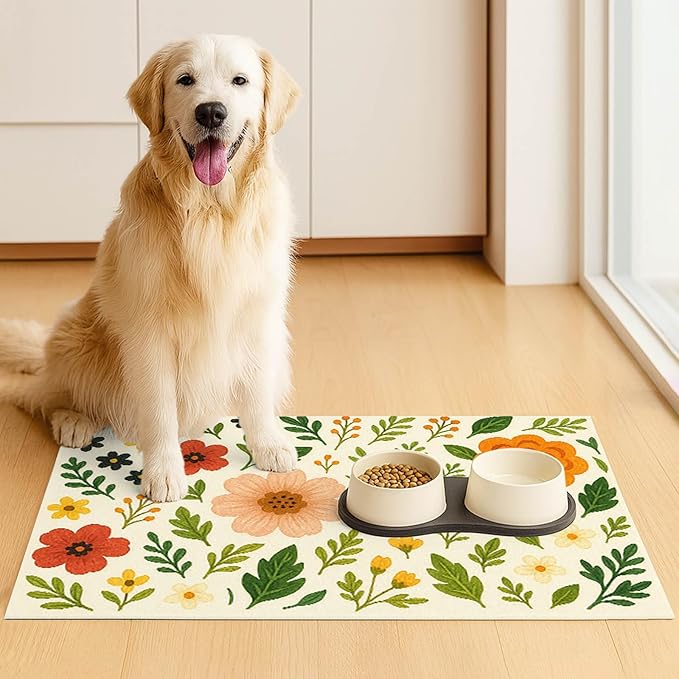 Trendy Flower Pattern Pet Feeding Mat Spill-Proof Feood Pad - Image 3