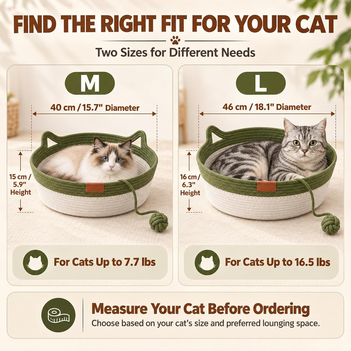 Instinct Basket for Cats, Minimal Creases Cat Bed, Brown, Large