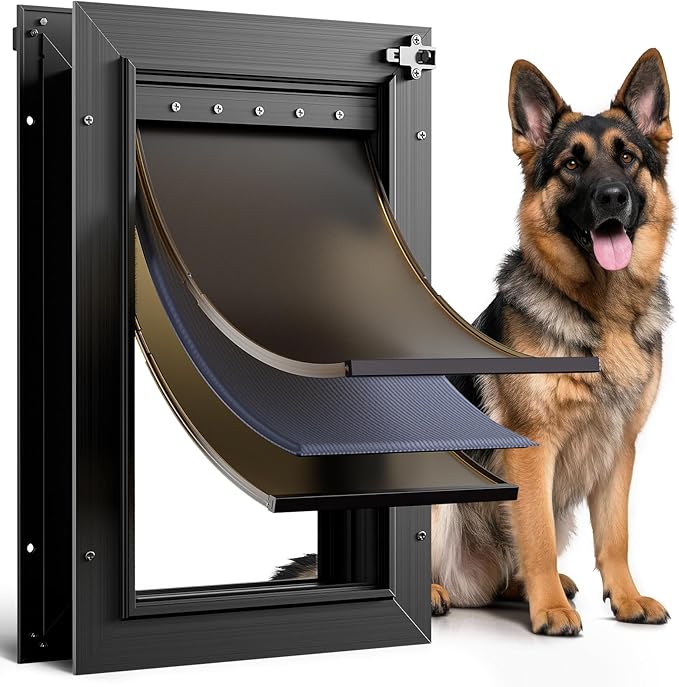 Dog Door for Door All Aluminum 3 Flaps Black, Large Dog Doggy Doggie Door by PETCOMING