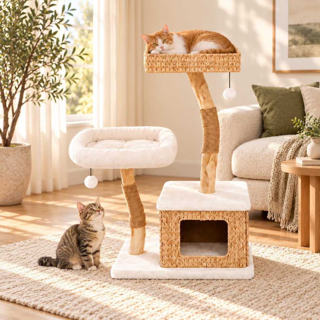 39” Modern Cat Tree Tower for Indoor Cats - Multi-Level Solid Wood Cat Condo w/Caves, 2 Large Perches, Scratching Posts, Hanging Toy for Large Cats Adult - Luxury Boho Pet Furniture