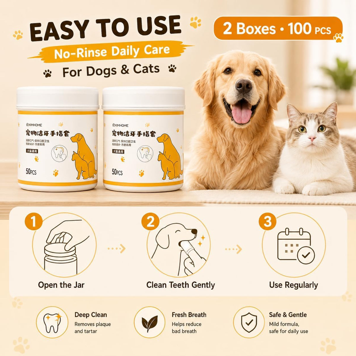 Dog Dental Wipes, 100 Count No-Rinse Finger Wipes for Dogs & Cats, Pet Teeth Cleaning Wipes to Help Remove Plaque & Tartar, Disposable Dog Toothbrush Wipes for Oral Care