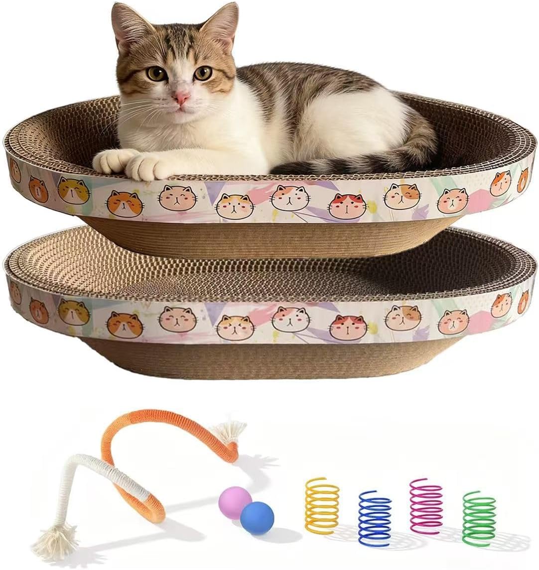 Cat Scratcher Bed with Toys, 2 Pack Oval Cat Scratching Cardboard