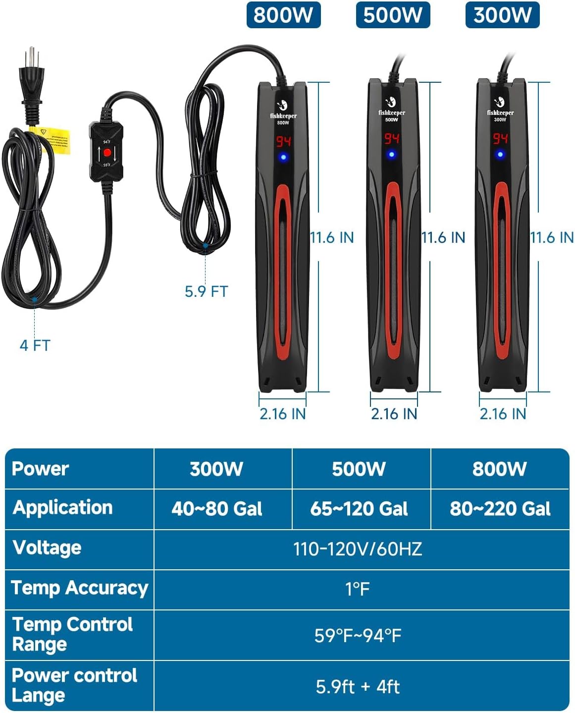 fishkeeper 800W Adjustable Submersible Aquarium Heater, 40-220 Gallon