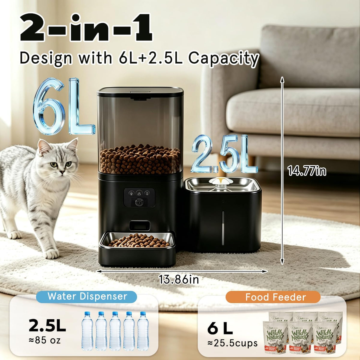 Automatic Cat Feeder with Camera, 2-in-1 Cat Food & Water Dispenser