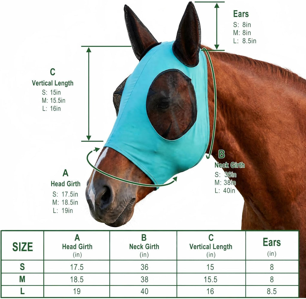 Horse Fly Mask – Nylon-Spandex Face with Breathable Mesh Eyes & Ears, UV Protection Soft Edging Prevents Chafing, Durable & Easy to Clean for Horses & Ponies, Size M