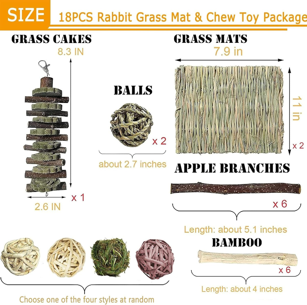 Bunny Grass Bed Mat 18Pcs Rabbit Chew Toys Set Hand-Made Woven Hay Mat