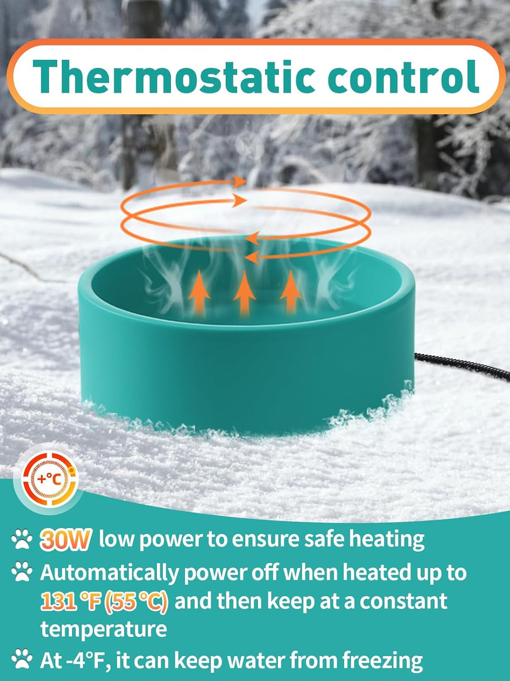 3.2L Heated Water Bowl for Outdoor Dogs Cats - 30W Thermostatic Control Heating Pet Bowl with 6.6Ft Bite-Proof Cord for Winter Chickens