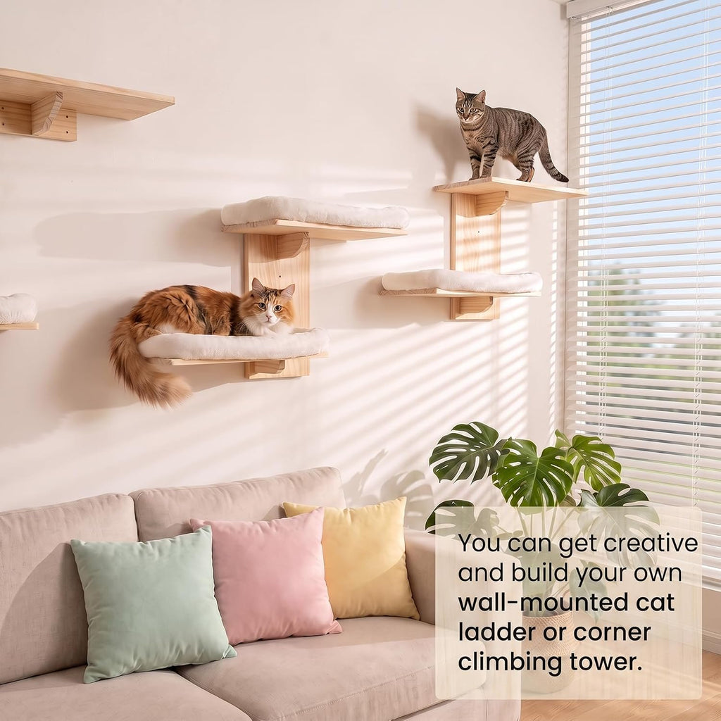 Gugxiom 2 Platform Cat Wall Shelves, 21.2 * 29.5" Wall Mounted Cat Shelves | Pine Wood Wall Mounted Cat Shelves, with Soft Cushion, for Climb/Play/Nap