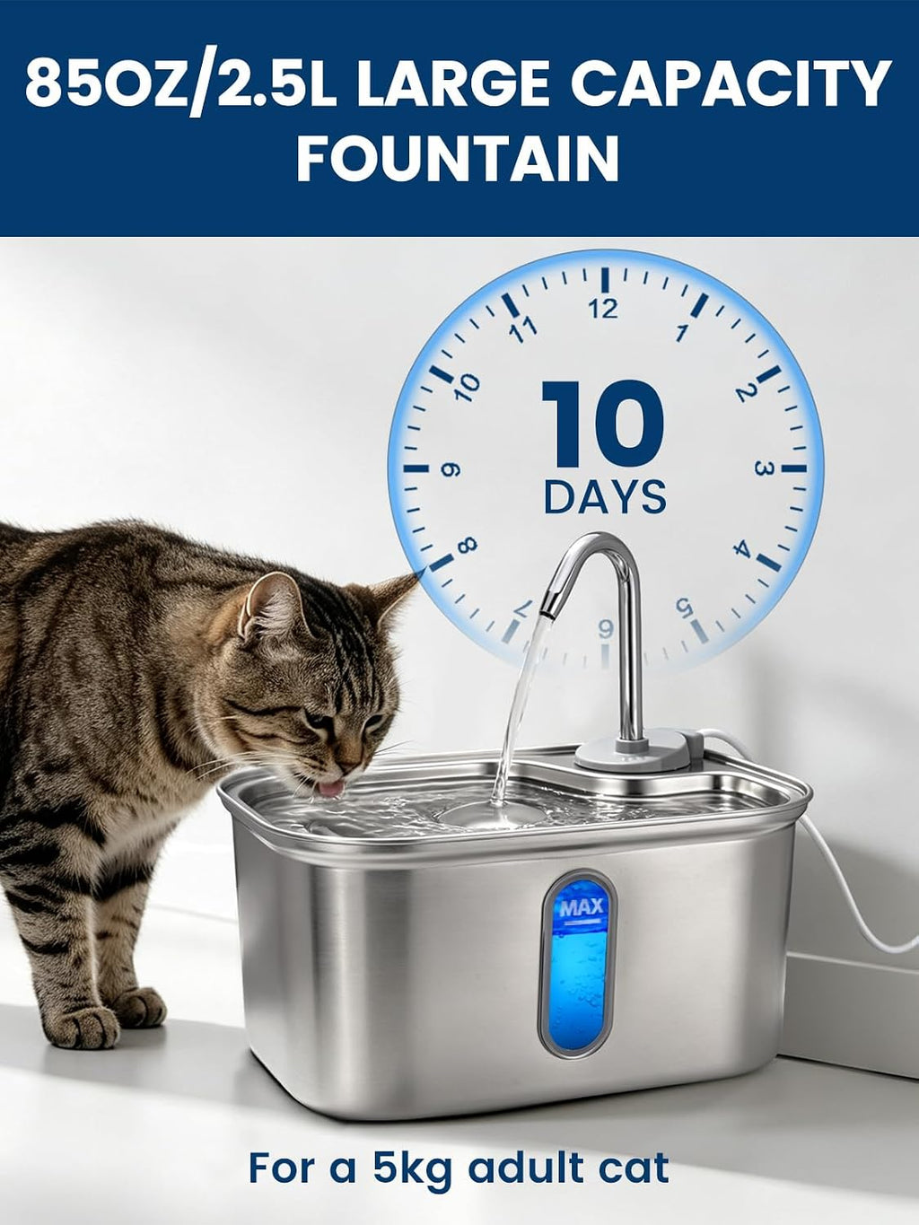 Cat Water Fountain Stainless Steel for Cats Indoor 2.5L 85oz by BPA-Free SUS304, Effective 6-Layer Filter Cat Fountain for Drinking 15dB Ultra Quiet Metal Pet Water Fountain (Fountain+1 Filter)