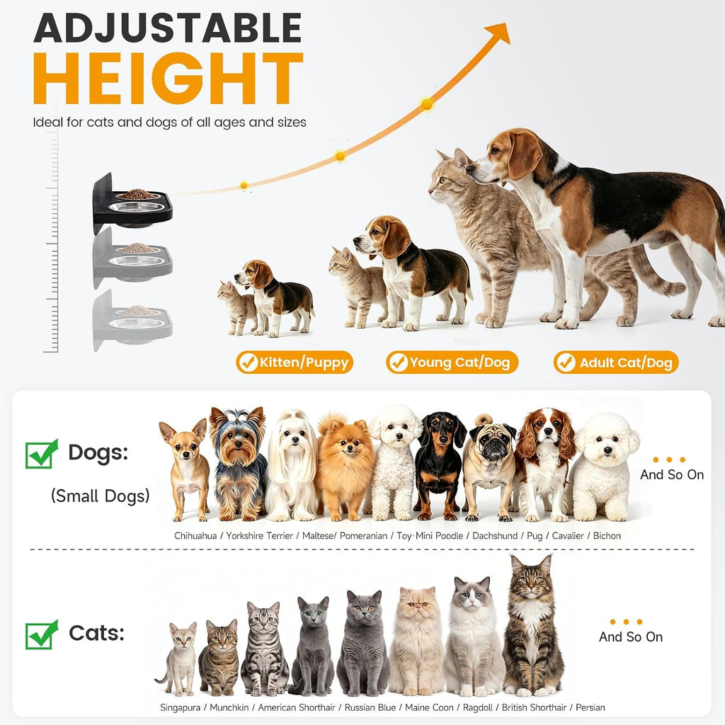 Raised Wall Mount Cat Dog Bowls, Adjustable Height Double Stainless Steel Food Water Bowls, Anti-Spill Elevated Pet Feeding Set, Pet Feeder for Kittens, Puppies, Black