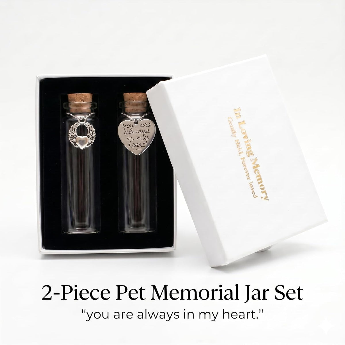 2 Pack Glass Pet Memorial Keepsake Bottle with Heart Charms, Sympathy Gift for Dog Cat Loss