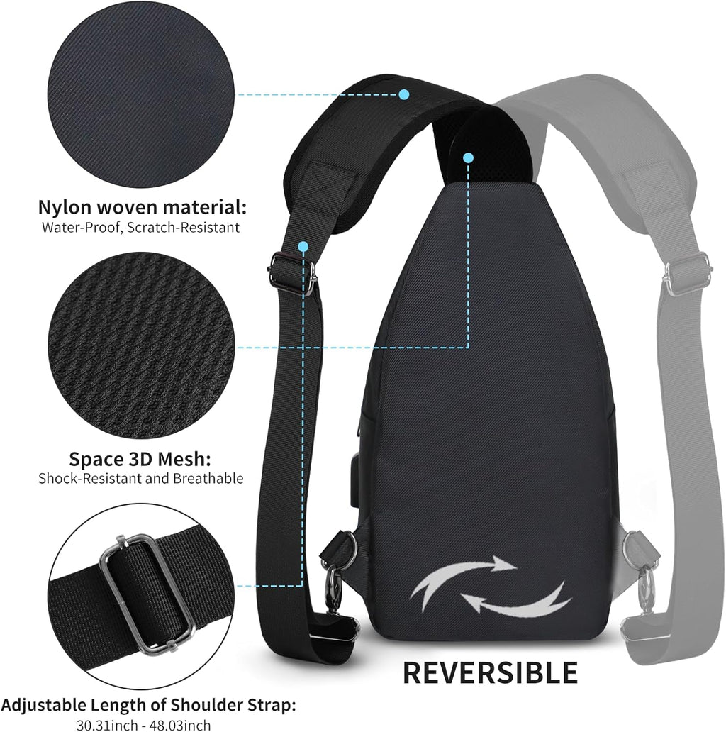 Sling Bag for Men, Upgraded Type-C Charging Port Casual Shoulder Chest Bag, Crossbody Sling Bag, Casual Shoulder Backpack, Chest Daypack Satchel for Hiking Travel (Black, Small)