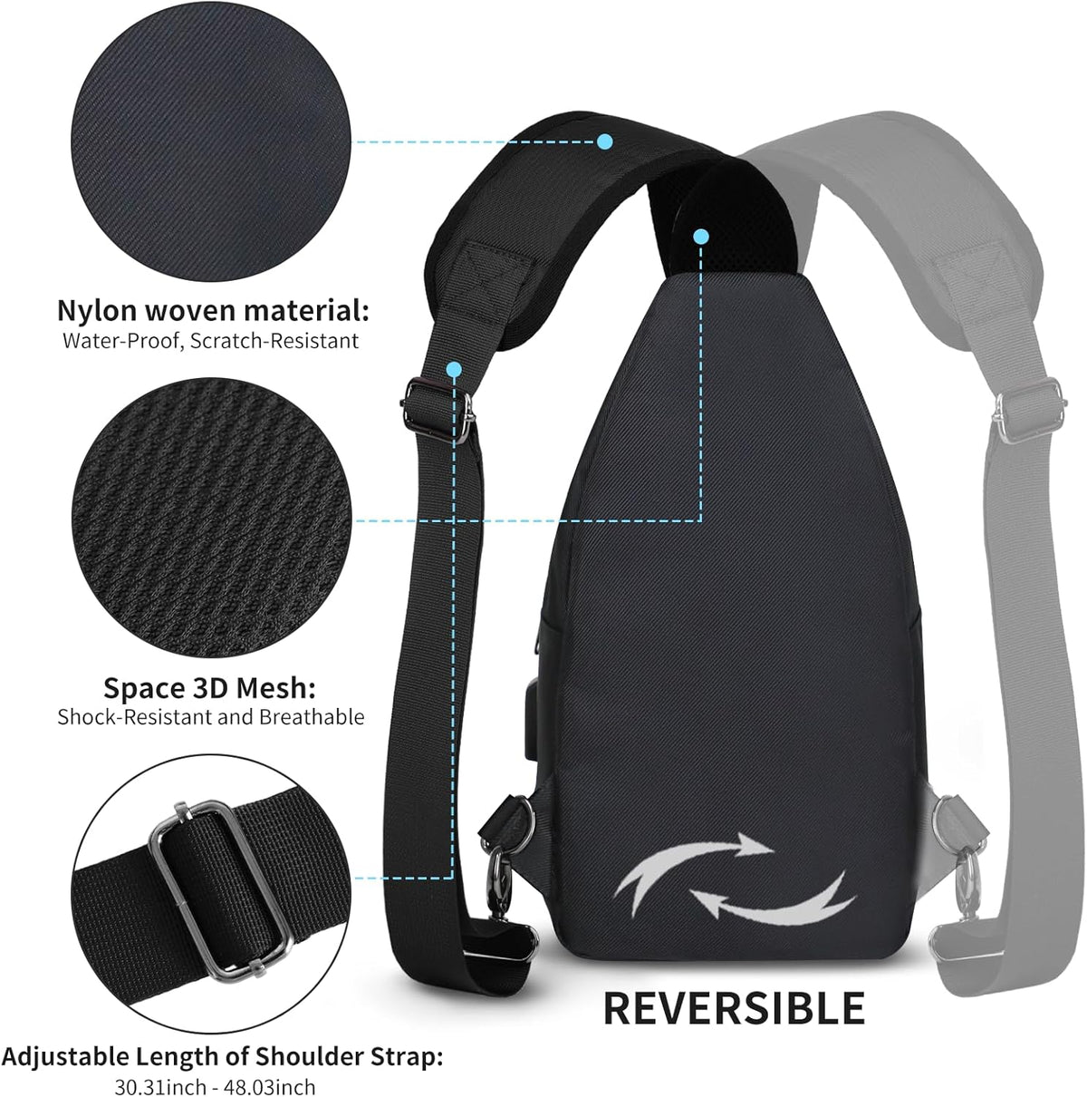 Sling Bag for Men, Upgraded Type-C Charging Port Casual Shoulder Chest Bag, Crossbody Sling Bag, Casual Shoulder Backpack, Chest Daypack Satchel for Hiking Travel (Black, Small)