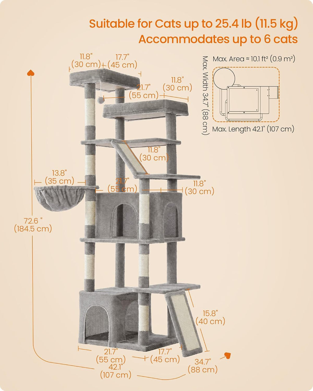 Feandrea Large Cat Tree, 72.6" Tall Sturdy Cat Tower for Indoor, Dove Gray